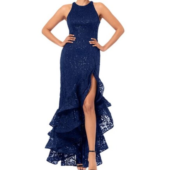 Betsy & Adam Women's Blue Sequined Lined Sleeveless Lace Ruffle Gown - Picture 3 of 3